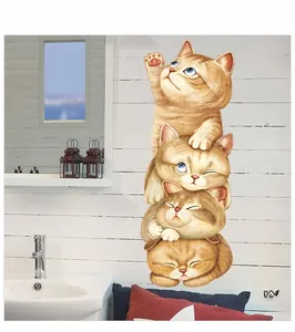 Detail of four cute cartoon orange cats climbing a ladder on a white wood wall sticker