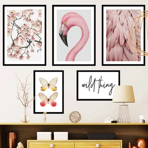 5-piece wall art set with pink flamingos and floral patterns in black frames