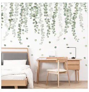 Detail of hanging eucalyptus leaf wall stickers in Morandi green for home wall decor