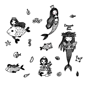Cartoon mermaid wall stickers with sea creatures for kids bedroom and bathroom decor