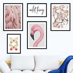 Five-piece modern wall art set featuring flamingos, butterflies, and feathers for home decor