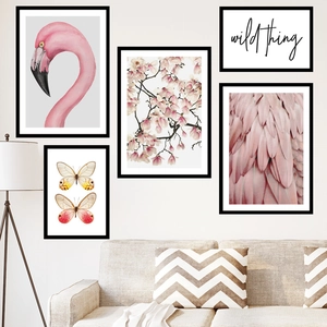 5-piece Nordic wall art set featuring pink flamingo and floral designs with black frames