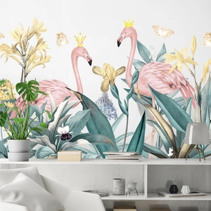 Sticker Mural Flamant Rose Tropical Couronne PVC Imperméable Amovible Autocollant Décalcomanie pour Salon Chambre à Coucher