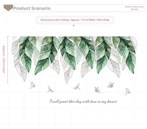 Detailed view of watercolor banana leaf wall stickers with butterfly and quote motifs