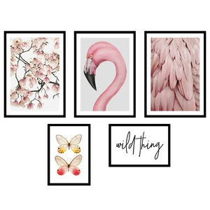 5-piece Nordic wall art set featuring pink flamingos, magnolias and wild thing quote