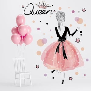 Cute Cartoon Girl Back View Pink Tutu Dress Queen Lettering Wall Sticker For Bedroom Dormitory Decor PVC Removable Wallpaper