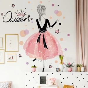 Cute girl back view wall sticker with Queen text and pink skirt for bedroom decor
