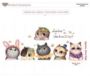 Detail showing waterproof PVC cat stickers with dimensions for nursery wall decor