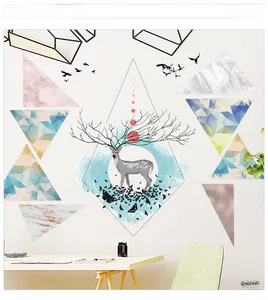 Detail of Nordic elk wall sticker featuring geometric triangles and birds on a white wall