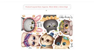 Detail layout of 6 cute cartoon cats wall stickers with hand-drawn style, 90x60cm size