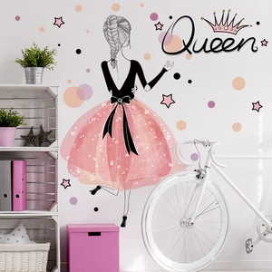 Cute pink anime girl back view wall sticker with Queen text for bedroom decor