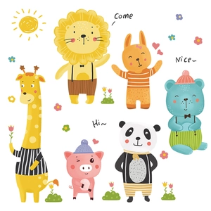 Cute hand-drawn cartoon animal wall stickers featuring giraffe, lion and panda for nursery