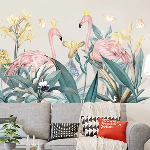 Autocollant mural nordique avec flamants roses et feuilles tropicales pour décoration