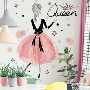 Cute pink anime girl wall sticker with crown and star patterns for bedroom decoration