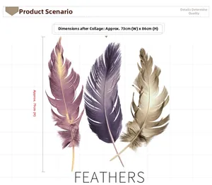 Detail of colorful feather wall stickers showing dimensions 73cm width by 86cm height