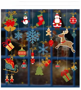 Detailed view of Christmas window stickers featuring Santa, reindeer and snowflakes