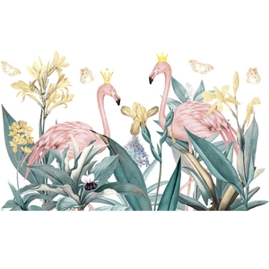 Sticker mural avec flamants roses, couronnes dorées et décoration de feuilles de palmier