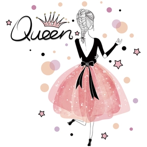 Cute pink girl wall sticker featuring a fashion princess in a tutu skirt with Queen text
