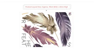 Detail of colorful feather wall stickers with 90cm x 60cm layout size for bedroom decor