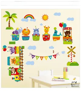Detail of colorful cartoon animal train wall stickers for nursery and playroom decor
