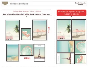 Pink beach and palm tree PVC wall stickers set, layout size 60x90cm, finished 122x182cm