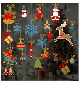 Detailed Christmas window decals featuring Santa, snowman, and reindeer in cartoon style