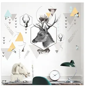 Close-up of Nordic geometric wall stickers featuring deer head sketch and hexagons