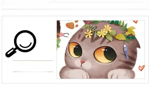 Detailed close-up of a cartoon cat head sticker with flower crown and sharp print details