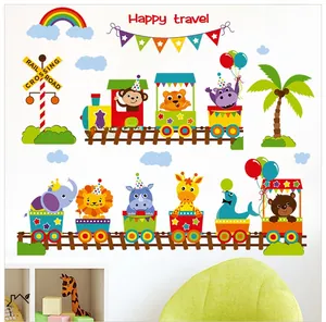 Detailed view of colorful cartoon animal train wall stickers for kids room decor