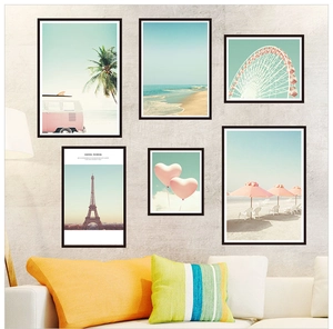 Detail view of 6-piece pink aesthetic wall art set with beach and city themes