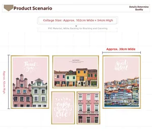 Detailed PVC wall decal set with European architecture prints and modern art typography