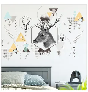 Detail of Nordic geometric wall sticker featuring a sketch deer and modern shapes in bedroom