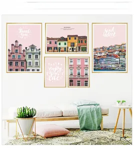 Set of 5 Nordic style wall art prints with gold frames in a modern living room setting