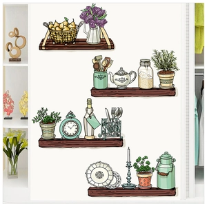 Detail van keukenmuurstickers met bloemenmanden, klokken en rustieke houten planken