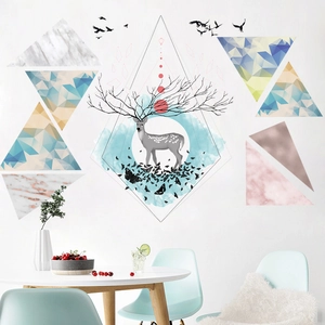 Nordic style watercolor reindeer wall sticker with geometric triangles for living room