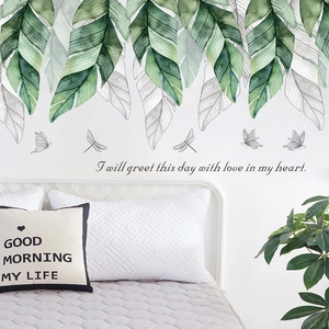 Tropical leaf wall decal with hand-painted green plants and inspirational text for bedroom decoration