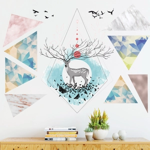 Nordic style geometric deer wall sticker with marble pattern and bird silhouette for home decor