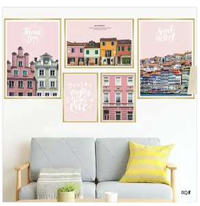 Five-piece set of gold-framed European architecture wall art in pink aesthetic style