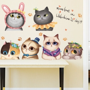 Cartoon cat wall stickers set for children's room with colorful macaron kitten decals