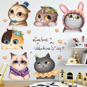 Cute cartoon cat wall stickers for kids room with six unique feline characters