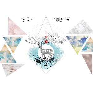 Modern elk wall sticker with geometric antlers and blue watercolor marble patterns