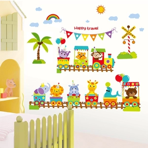 Removable cartoon animal train wall stickers for nursery decor and kids room decoration