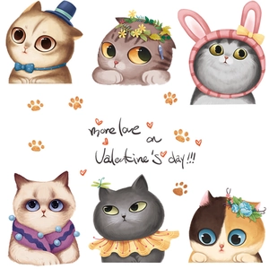 Cute cartoon cat wall stickers for children's room decoration featuring six unique kitten designs