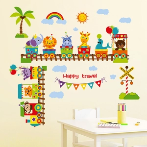 Cartoon animal train wall stickers with lion and elephant for kids room decor