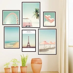 Set of 6 minimalist framed art prints featuring Eiffel Tower and beach photography