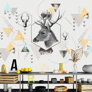 Nordic geometric wallpaper with stag deer art and colorful abstract triangle patterns