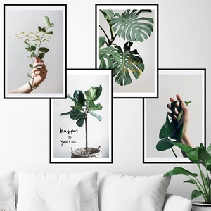 Lot de 4 tableaux muraux scandinaves avec plantes vertes et cadres noirs pour salon