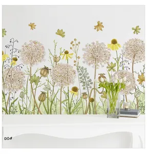 Close-up of floral wall decal with hand-painted flowers on a white living room wall