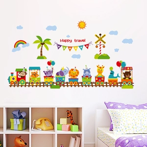 Cartoon animal train wall decals with rainbow and sun for nursery room decor