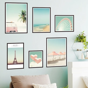 Pink coastal landscape posters set with palm trees and Eiffel Tower wall decor
